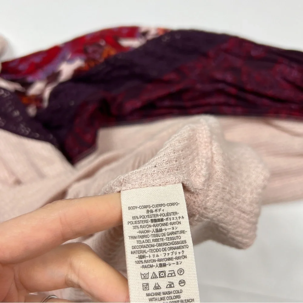 Free People Pink Waffle Knit Long Puff Sleeve Casual Clash Top